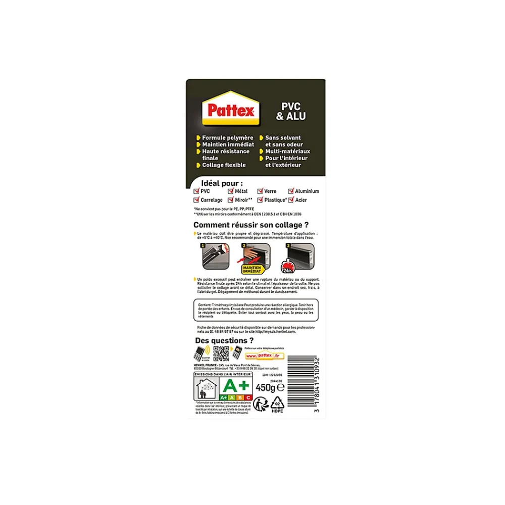 Pattex Colle pour fixation sur PVC et alu cartouche 450g