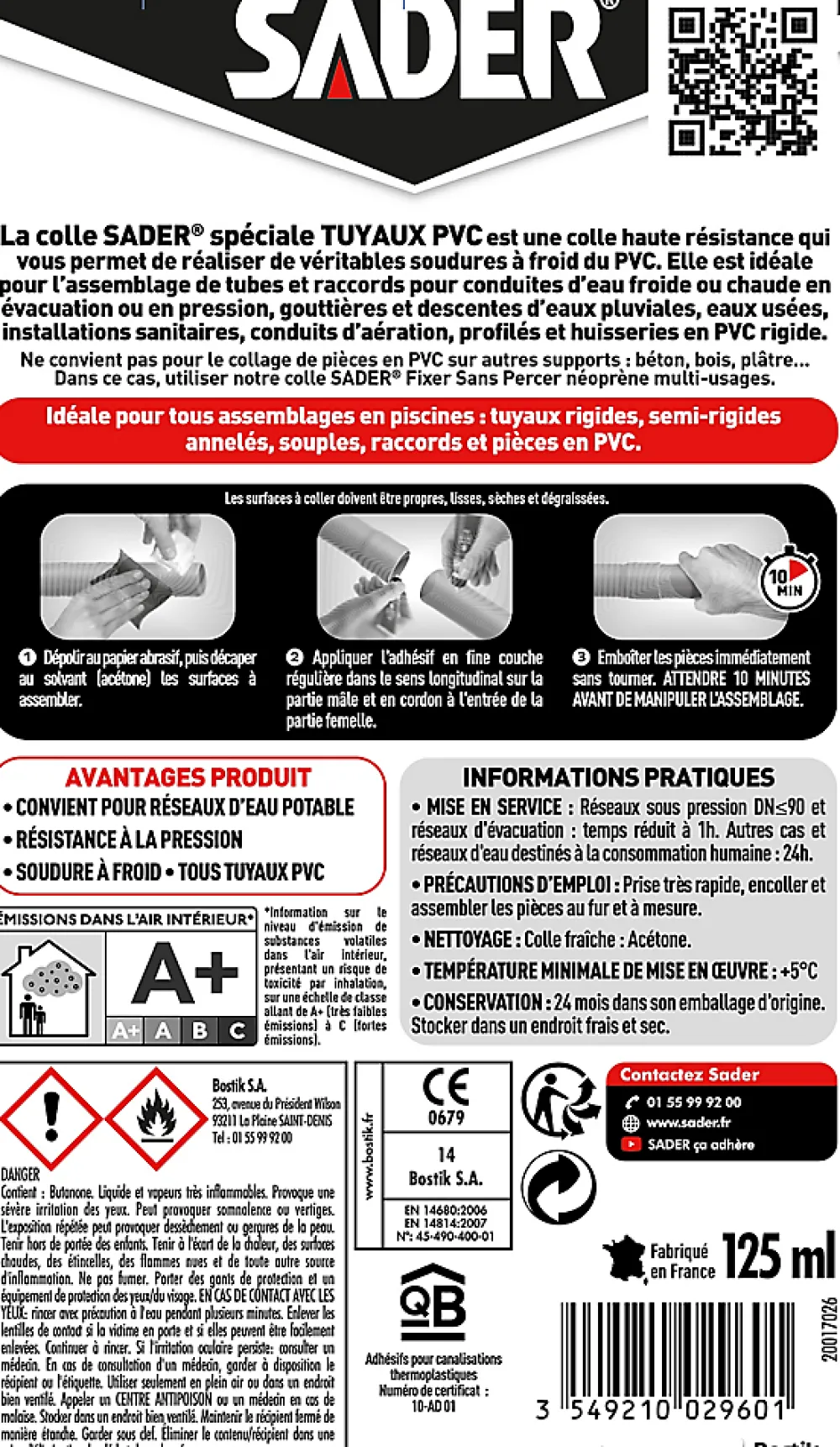 Sader Colle pour Raccords et Tuyaux en PVC Tube 125 ml