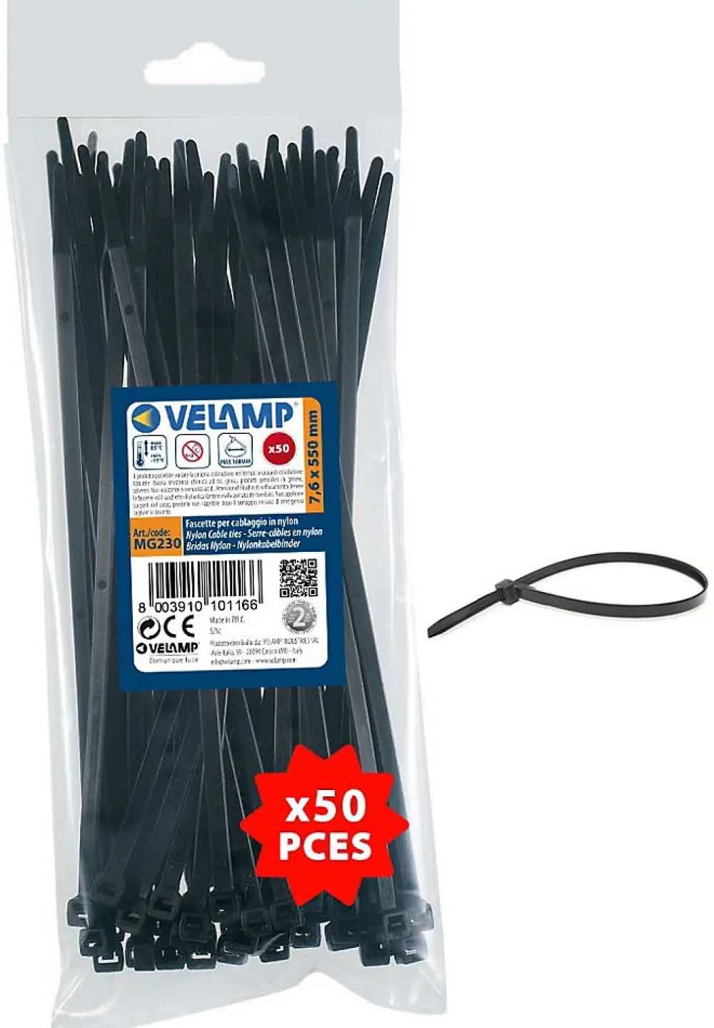 Velamp Fixation Et Raccordement Du Câble-Colliers de fixation en nylon. Noirs. 7,6x550 - 50pces
