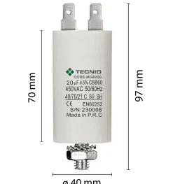 Tecnid Fusible-Condensateur de démarrage pour moteurs électriques, 450V, capacité : 20 microfarad, 4 broches / M8