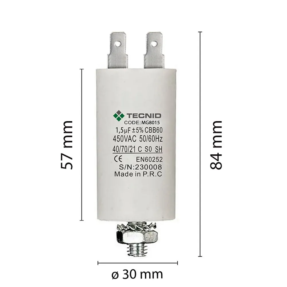 Tecnid Condensateur de démarrage pour moteurs électriques, 450 V, capacité : 1,5 microfarad, 4 broches/M8