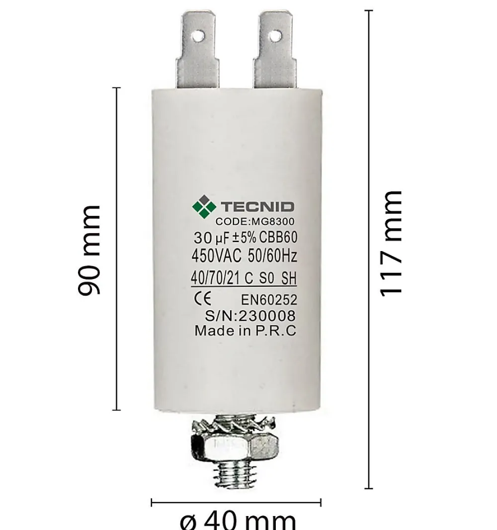 Tecnid Fusible-Condensateur de démarrage pour moteurs électriques, 450V, capacité : 30 microfarad, 4 broches / M8