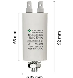 Tecnid Fusible-Condensateur de démarrage pour moteurs électriques, 450V, capacité : 12 microfarad, 4 broches / M8
