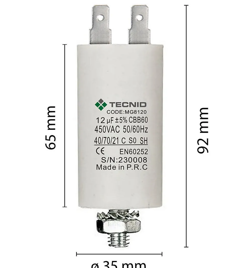 Tecnid Fusible-Condensateur de démarrage pour moteurs électriques, 450V, capacité : 12 microfarad, 4 broches / M8
