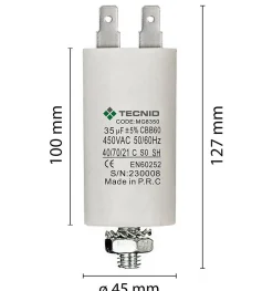 Tecnid Condensateur de démarrage pour moteurs électriques, 450V, capacité : 35 microfarad, 4 broches / M8