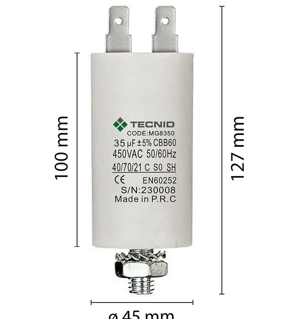 Tecnid Condensateur de démarrage pour moteurs électriques, 450V, capacité : 35 microfarad, 4 broches / M8