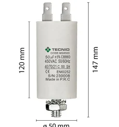Tecnid Condensateur de démarrage pour moteurs électriques, 450V, capacité : 50 microfarad, 4 broches / M8