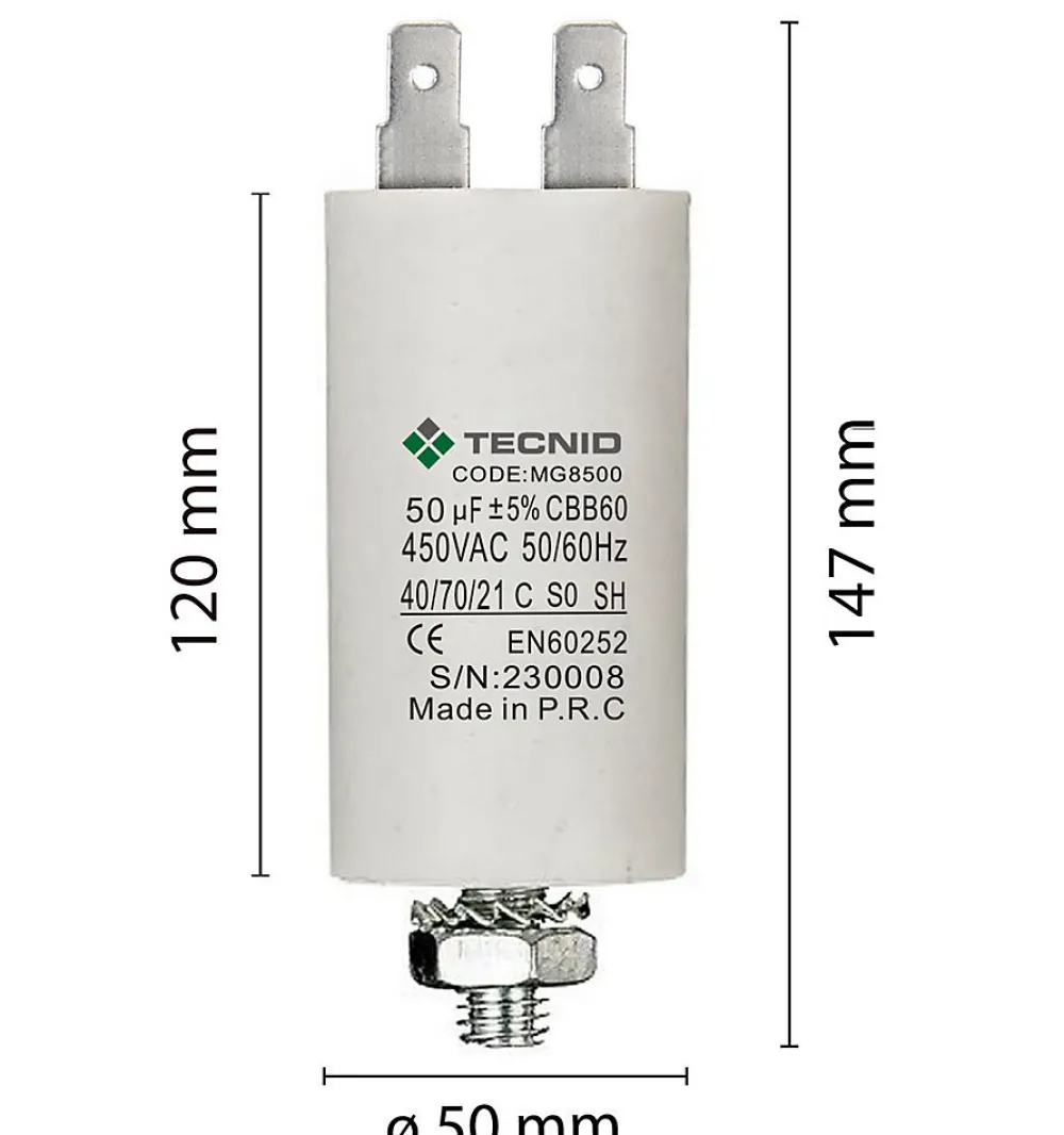 Tecnid Condensateur de démarrage pour moteurs électriques, 450V, capacité : 50 microfarad, 4 broches / M8
