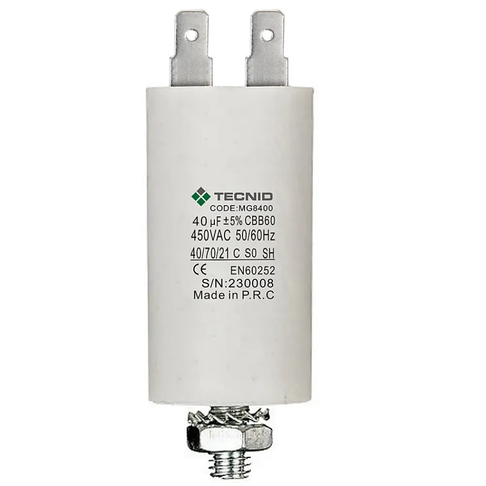 Tecnid Condensateur de démarrage pour moteurs électriques, 450V, capacité : 40 microfarad, 4 broches / M8