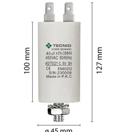 Tecnid Condensateur de démarrage pour moteurs électriques, 450V, capacité : 40 microfarad, 4 broches / M8