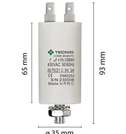Tecnid Condensateur de démarrage pour moteurs électriques, 450V, capacité : 7 microfarad, 4 broches / M8