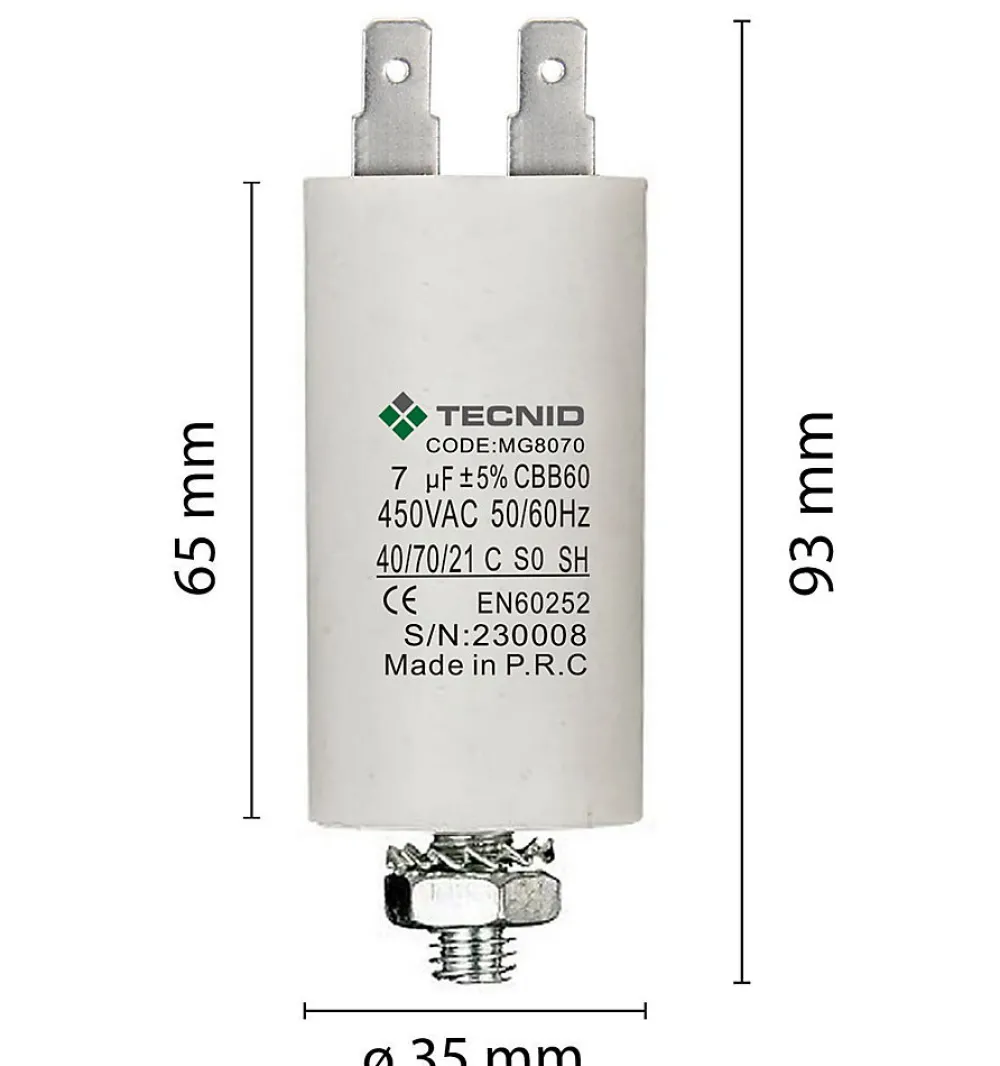 Tecnid Condensateur de démarrage pour moteurs électriques, 450V, capacité : 7 microfarad, 4 broches / M8