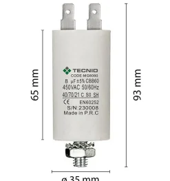 Tecnid Condensateur de démarrage pour moteurs électriques, 450V, capacité : 8 microfarad, 4 broches / M8