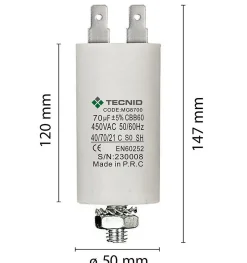 Tecnid Fusible-Condensateur de démarrage pour moteurs électriques, 450V, capacité : 70 microfarad, 4 broches / M8