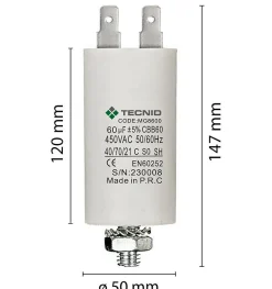 Tecnid Condensateur de démarrage pour moteurs électriques, 450V, capacité : 60 microfarad, 4 broches / M8