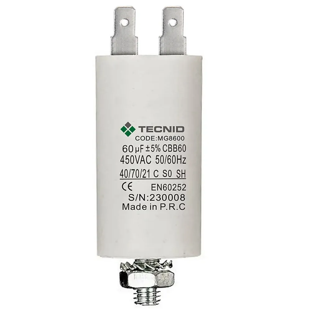 Tecnid Condensateur de démarrage pour moteurs électriques, 450V, capacité : 60 microfarad, 4 broches / M8