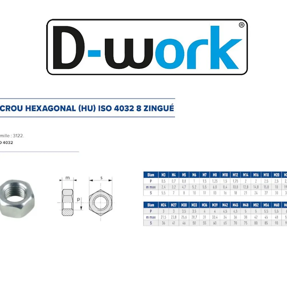 D-Work 4 Coques de 50 Ecrous Hexagonaux HU M8 mm - 4032 - 8 - Zingué blanc -