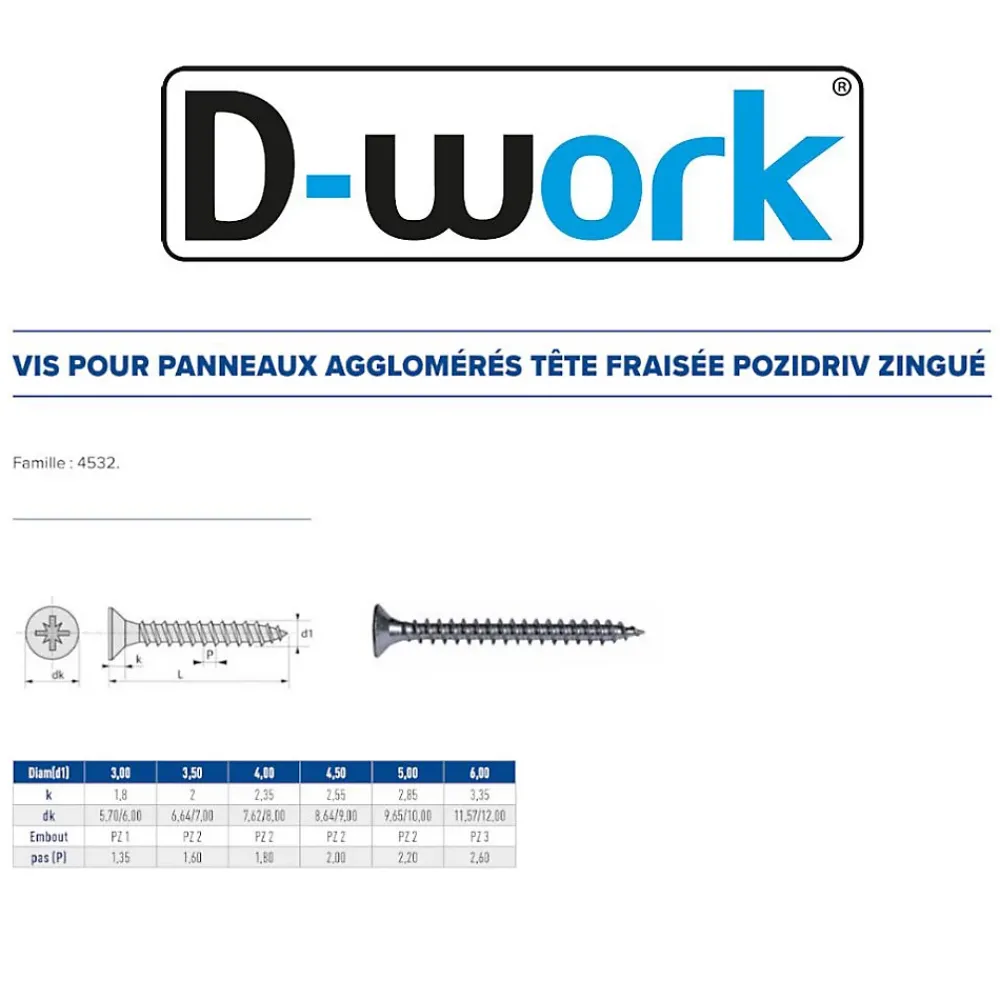 D-Work Vis Pour Terrasse-4 Coques de 200 Vis Bois Tête Fraisée Pozidriv 3.5 x 30 mm - Zingué blanc -