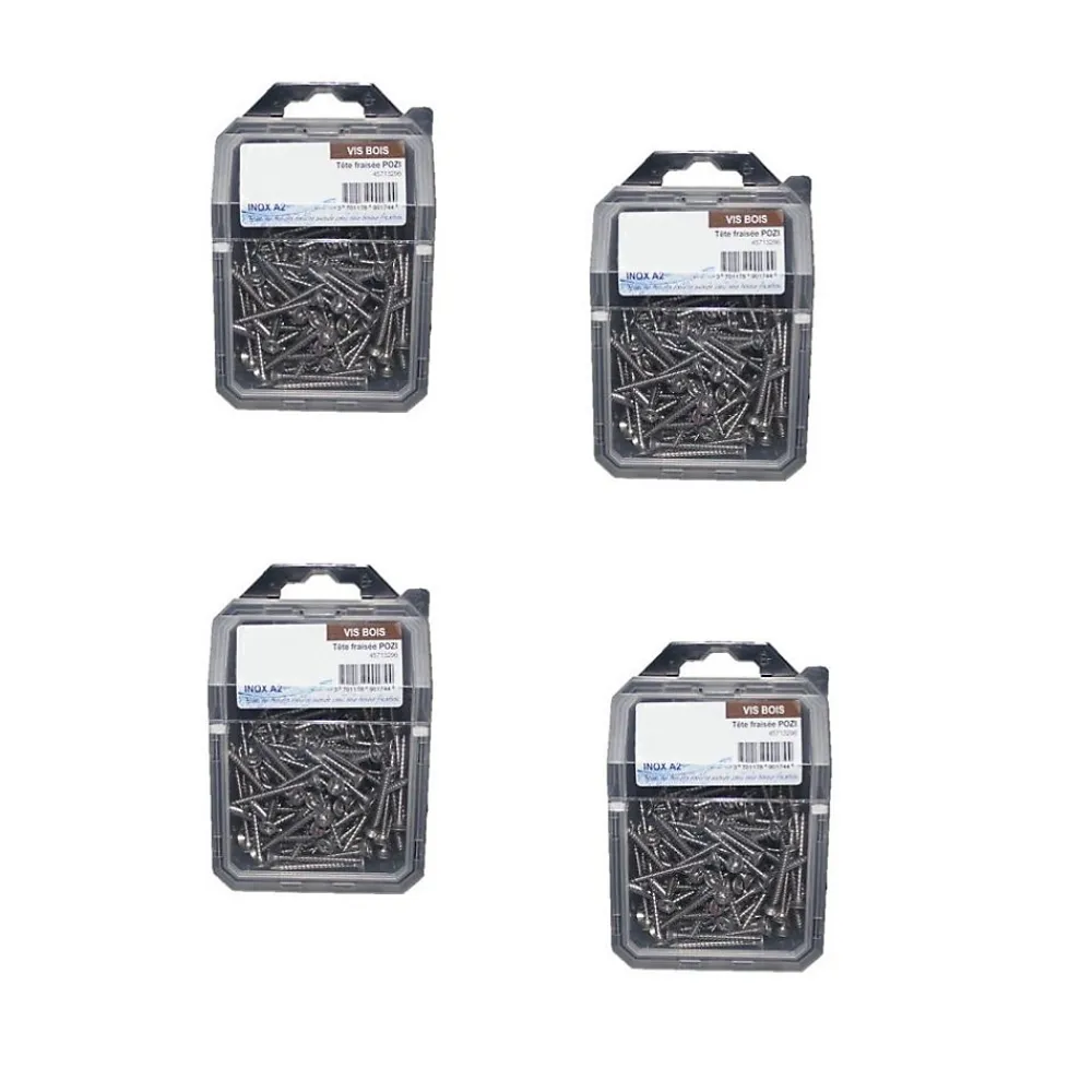 D-Work 4 Coques de 100 Vis Bois Tête Fraisée Pozidriv 4 x 25 mm - Inox A2 -