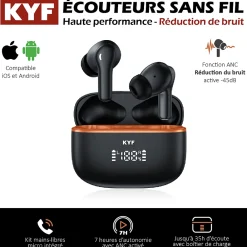 Kyf Enceinte, Écouteur Et Casque-Écouteurs Bluetooth réduction bruit ANC -45dB, ENC -40dB et boitier de charge