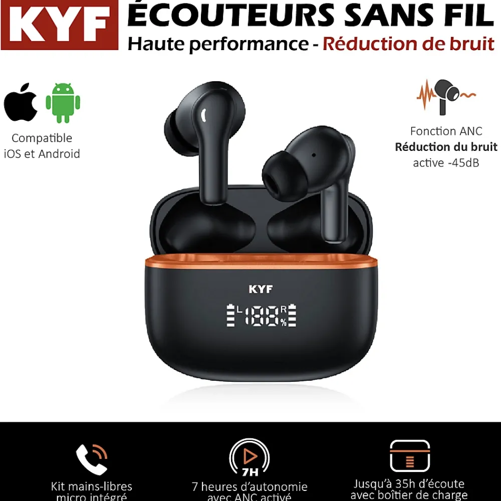 Kyf Enceinte, Écouteur Et Casque-Écouteurs Bluetooth réduction bruit ANC -45dB, ENC -40dB et boitier de charge