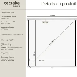 Tectake Écran de projection extensible mural en polyester blanc