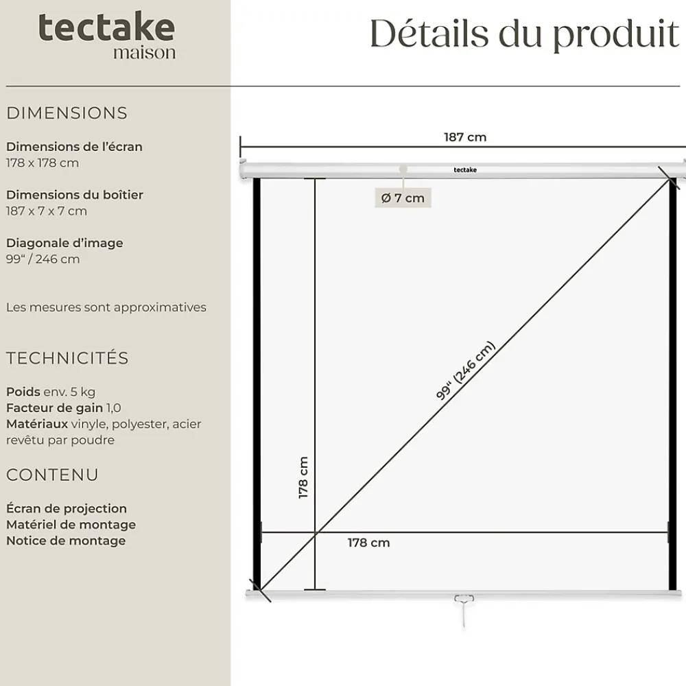 Tectake Écran de projection extensible mural en polyester blanc