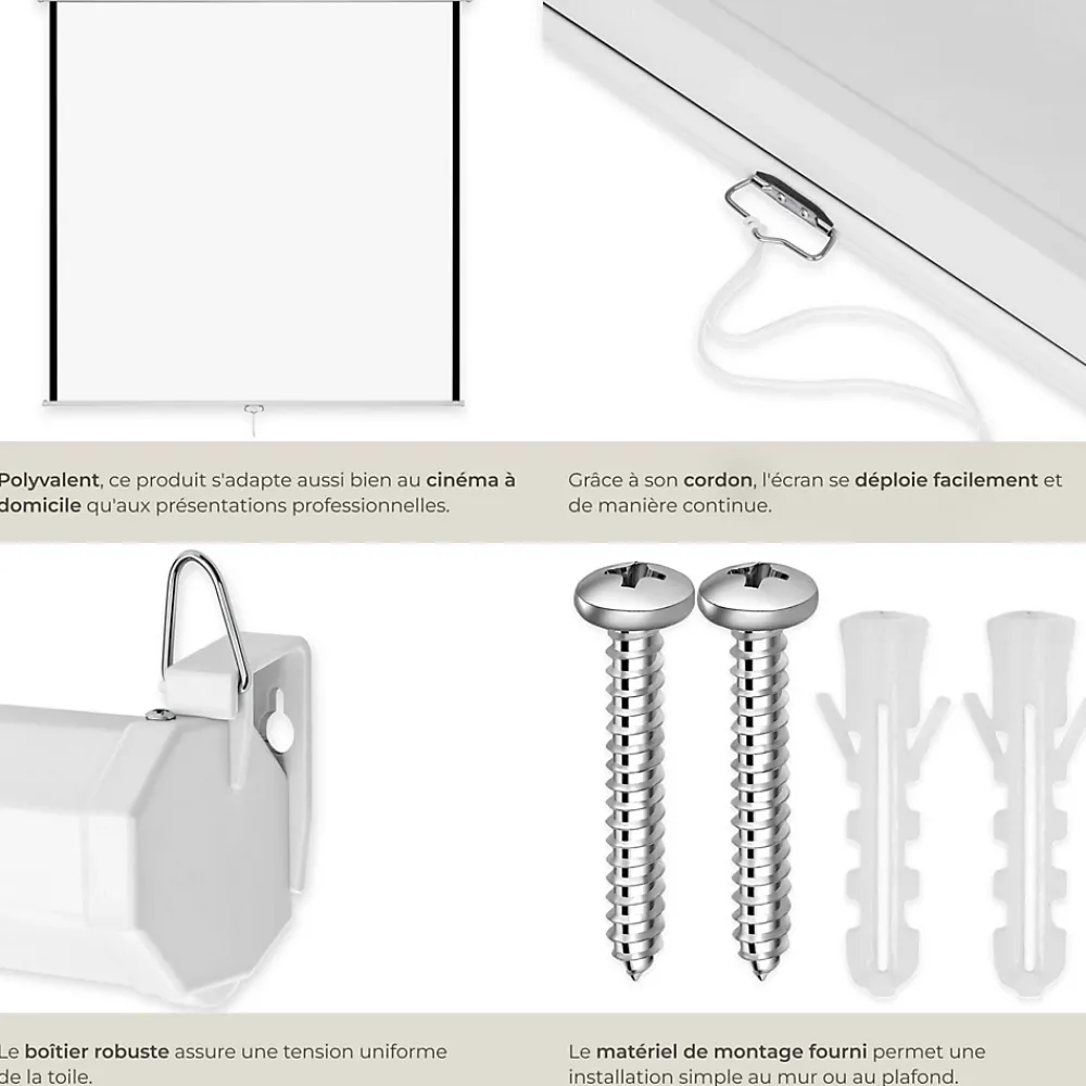 Tectake Écran de projection extensible mural en polyester blanc