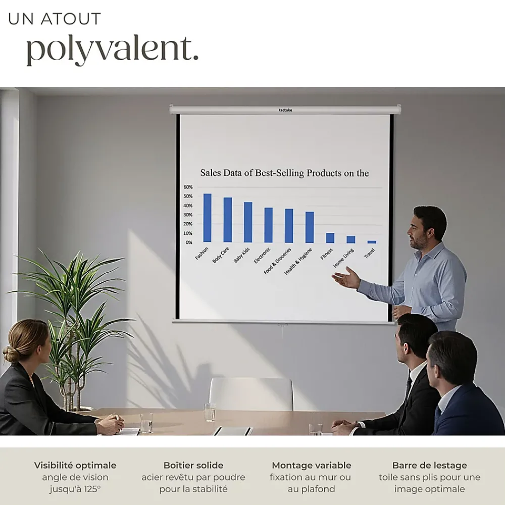 Tectake Écran de projection extensible mural en polyester blanc