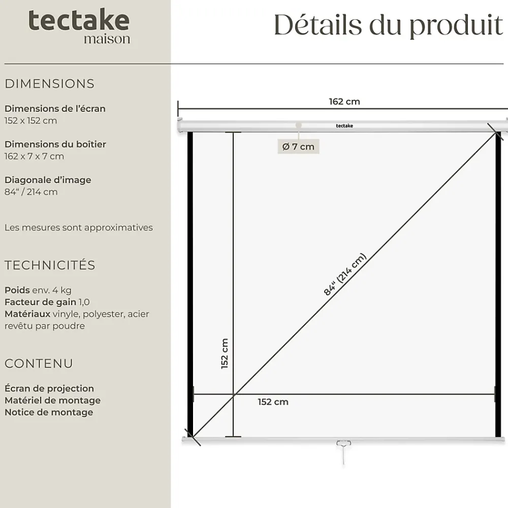 Tectake Projecteur Et Lampe De Chantier-Écran de projection extensible mural en polyester blanc