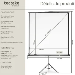 Tectake Écran de projection extensible avec un trépied en polyester blanc
