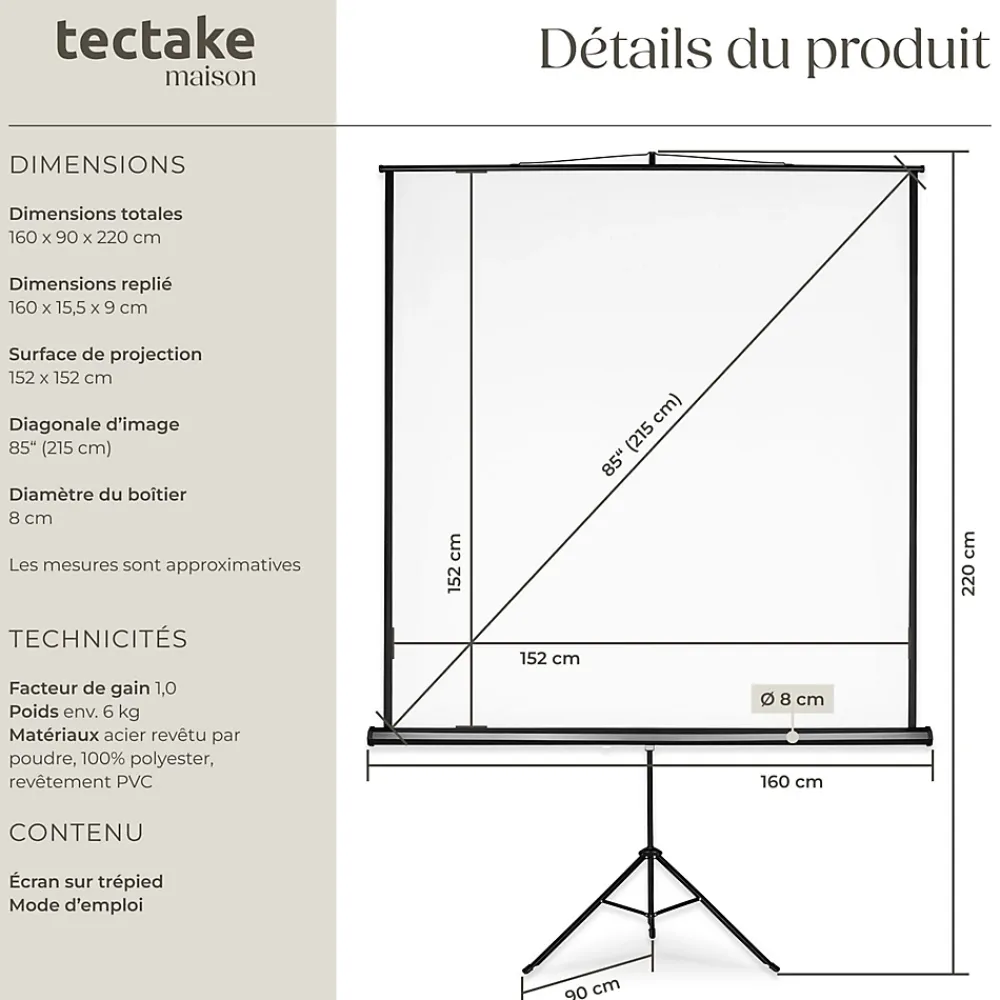 Tectake Écran de projection extensible avec un trépied en polyester blanc