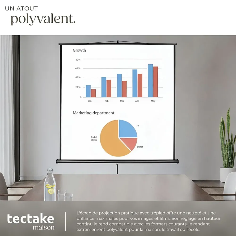 Tectake Écran de projection extensible avec un trépied en polyester blanc