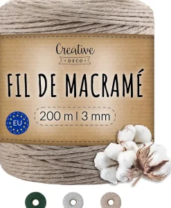 Creative Deco 3mm x 200m Corde Macramé Fil de Coton Beige Foncé - +/- 0,5 mm Épaisseur - Ficelle de 23 Plis - Cordelette Naturel
