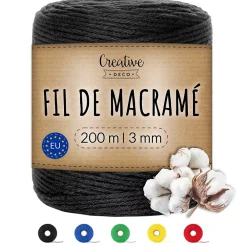 Creative Deco Corde, Fil Et Ficelle-3mm x 200m Corde Macramé Noir - Fil de Coton et Polyester - +/- 0.5 mm Épaisseur - Decoration Jardinage Emballage