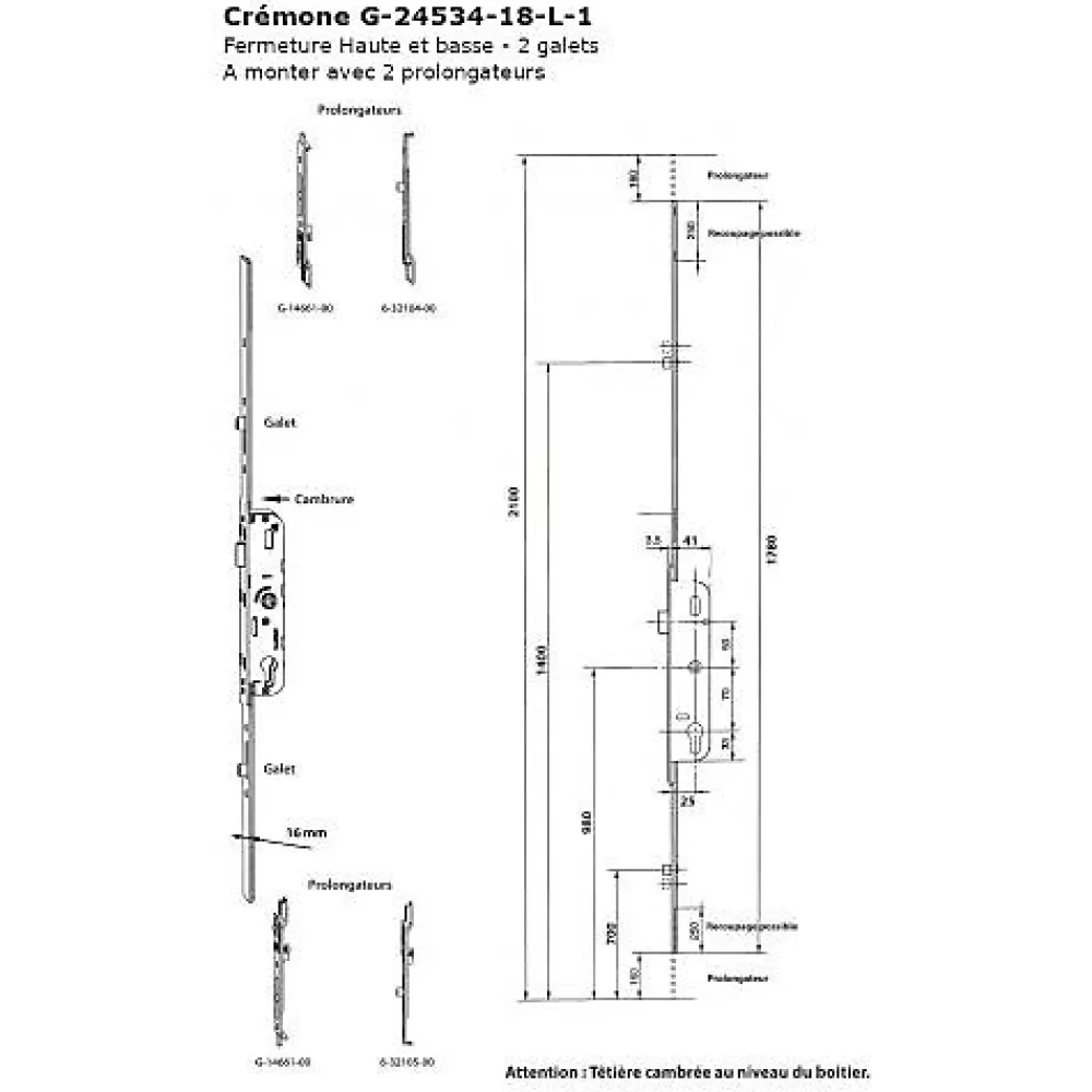 Ferco Loquet, Targette Et Moraillon De Porte-Crémone barillet axe 25mm longueur 2030mm ajustable haut et bas - - G-24534-20-L-1