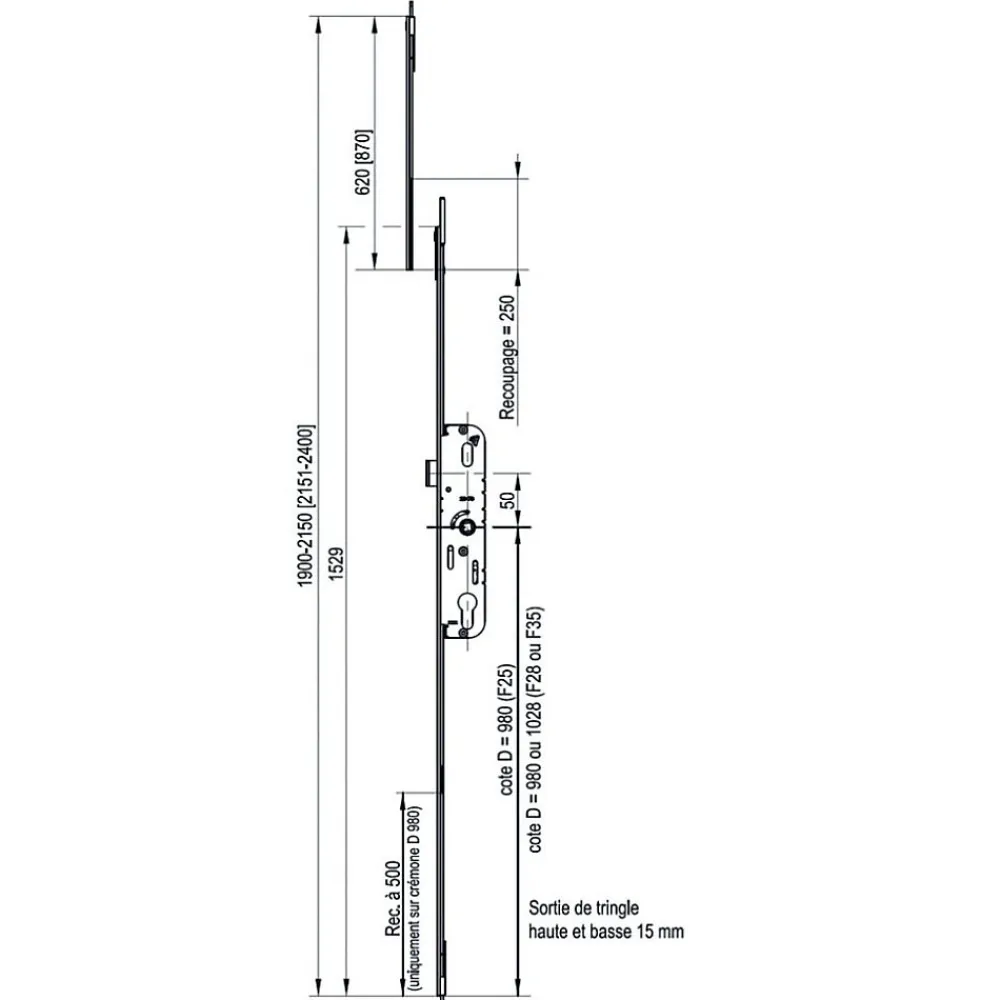 Ferco Loquet, Targette Et Moraillon De Porte-Crémone à barillet haut et bas 35/70 longueur 1529mm cote D 1028mm - - G-24753-45-L-1