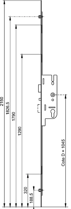 Ferco Loquet, Targette Et Moraillon De Porte-Crémone MATIC RP 40/70 4 galets têtière 16mm carré 7mm L 2150mm cote D 1045mm - - 6-33178-01-0-1