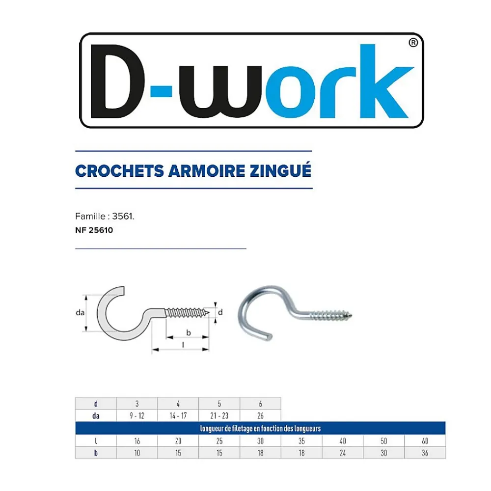 D-Work Crochet À Visser-200 Crochets Armoire 4 x 20 mm - NF 25610 - Zingué blanc -