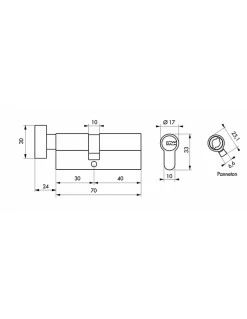 Thirard Cylindre de serrure à bouton débrayable Trafic 6, 30x40mm, anti-arrachement, anti-perçage, nickel, 5 clés longues -
