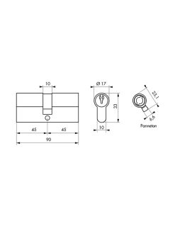Thirard Cylindre de serrure double entrée, 45x45mm, anti-arrachement, nickel, 3 clés -