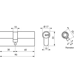 Thirard Cylindre de serrure double entrée T2, 30x60mm, nickel, anti-arrachement, anti-perçage, anti-crochetage, 5 clés -