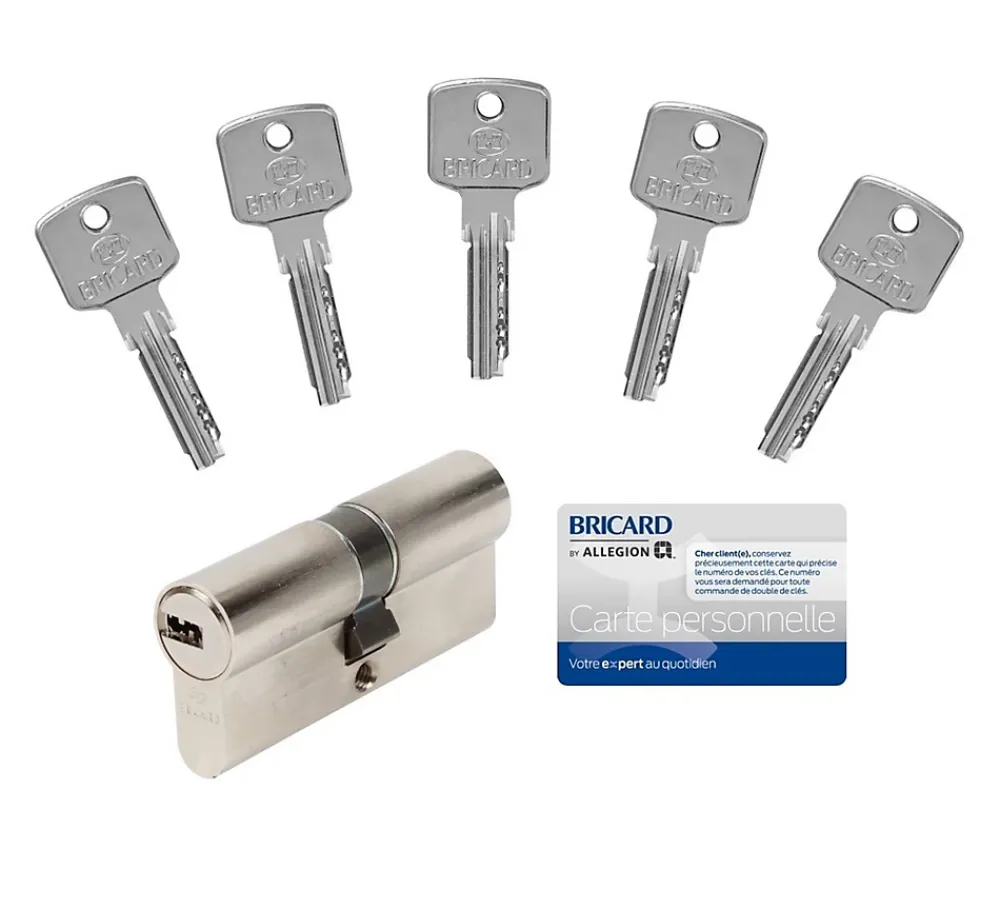 Bricard Cylindre 6 goupilles dimensions 35+35 débrayable nickelé + 5 clés réversibles