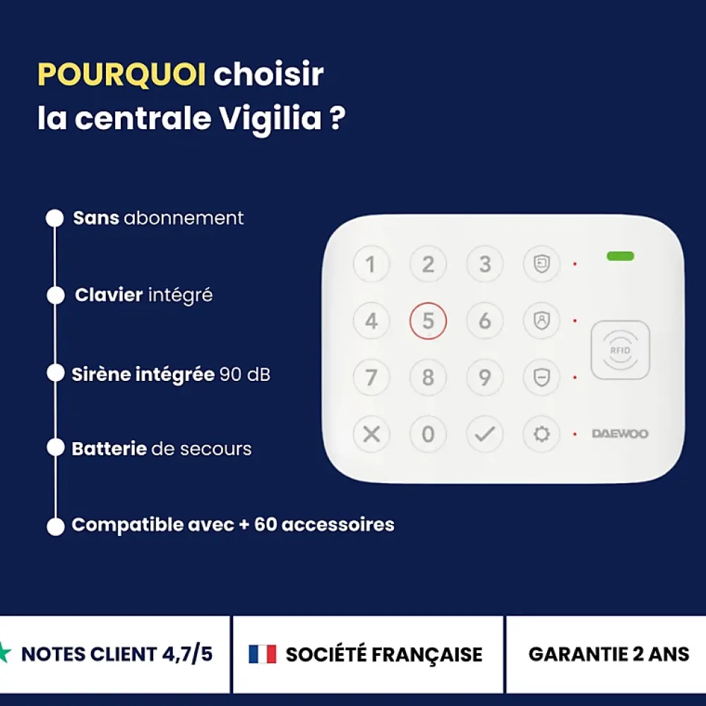 Daewoo Alarme Sans Fil-- Alarme Maison Wifi Sans Fil Vigilia VIG503 - Kit Complet avec 2 Caméras Full HD intérieur / extérieur solaire et 11 Acces