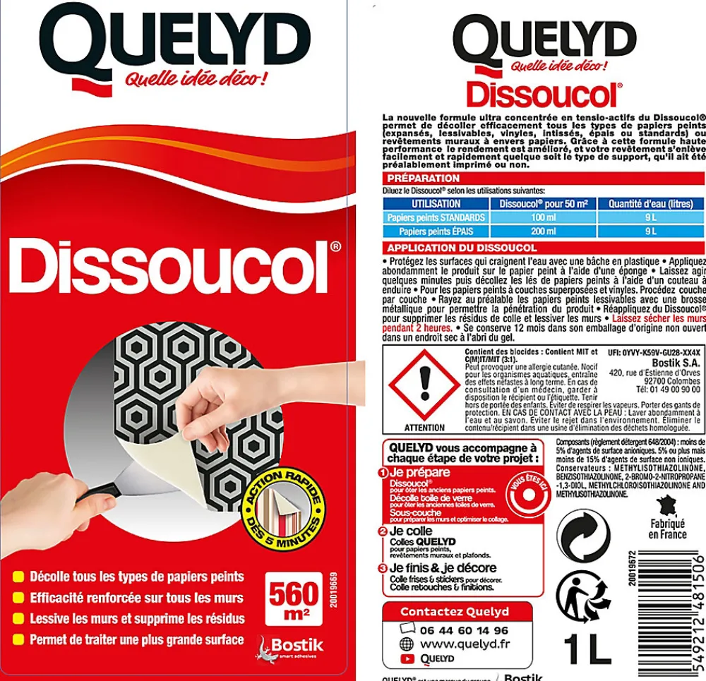 Quelyd Colle Papier Peint-Décolleur de papier peint Dissoucol - surface de couverture 560 m² - contenance 1 L - 30611655
