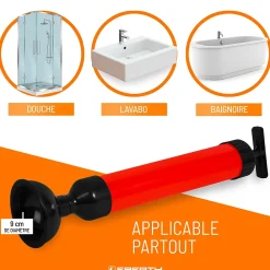Eberth Pompe de nettoyage de tuyaux pour un nettoyage efficace des lavabos, douches et baignoires, diamètre de l'embout 90 mm