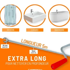 Eberth Furet Déboucheur-Spirale de nettoyage de tuyaux 5m de long et 9mm de diamètre pour tuyaux à partir de 40mm tête en forme de griffe de 20mm