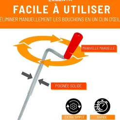 Eberth Furet Déboucheur-Spirale de nettoyage de tuyaux 3m de long et 9mm de diamètre pour tuyaux à partir de 40mm tête en forme de griffe de 20mm