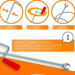 Eberth Furet Déboucheur-Spirale de nettoyage de tuyaux 8m de long et 9mm de diamètre pour tuyaux à partir de 40mm tête en forme de griffe de 20mm