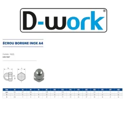 D-Work 200 Ecrous Borgnes M3 mm - DIN 1587 - Inox A4 -